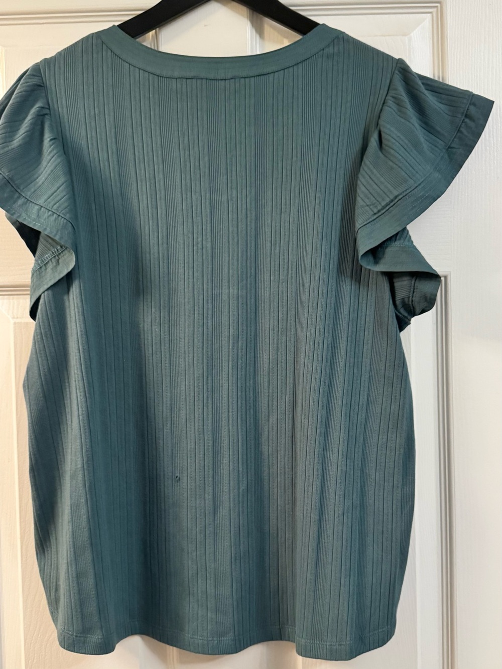 Democracy Teal Ribbed V-Neck Ruffle Sleeve Top - Picture 2 of 7